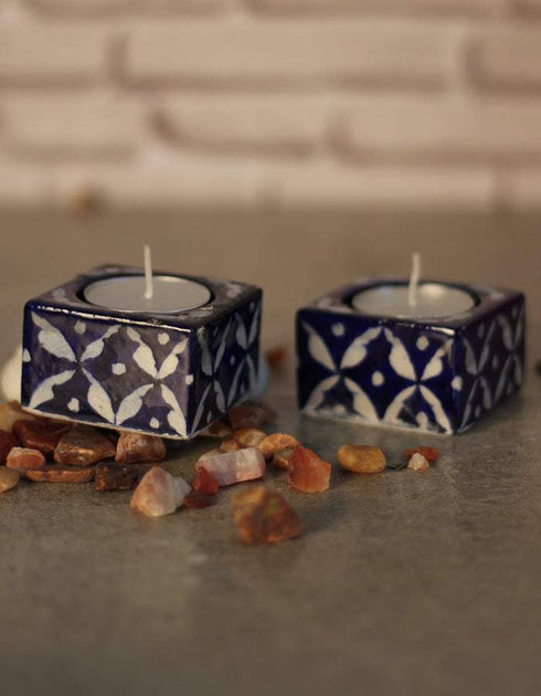 Blue Pottery Candle Holder Set - Blue Base
